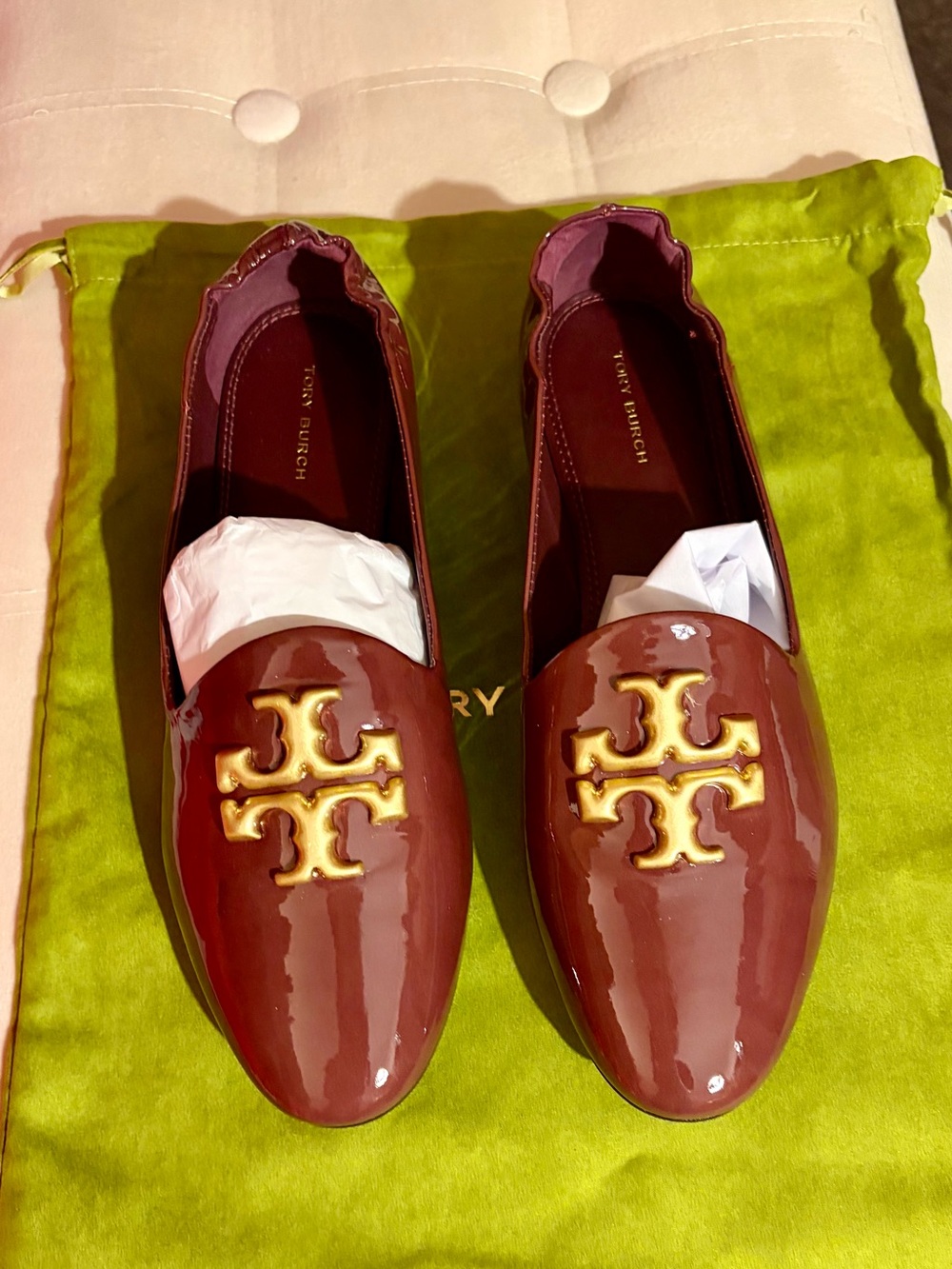 Tory Burch Patent Burgundy Loafers with Gold Logo-NWT